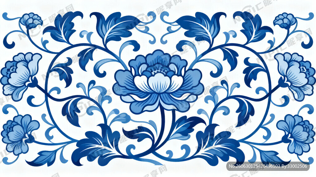青花缠枝花卉纹 矢量图