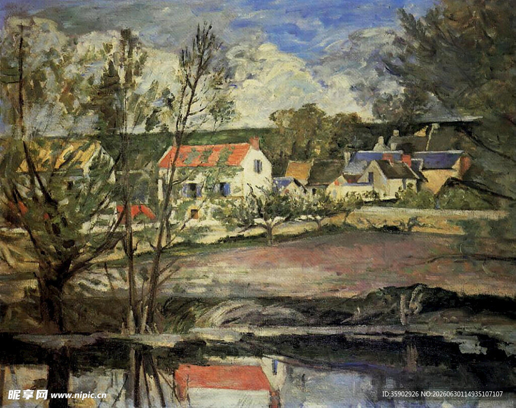 乡村河畔风景油画