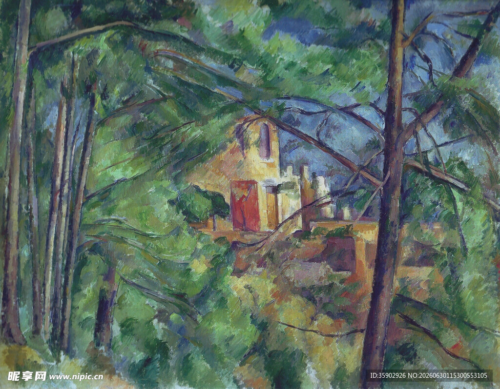 林间小屋油画风景