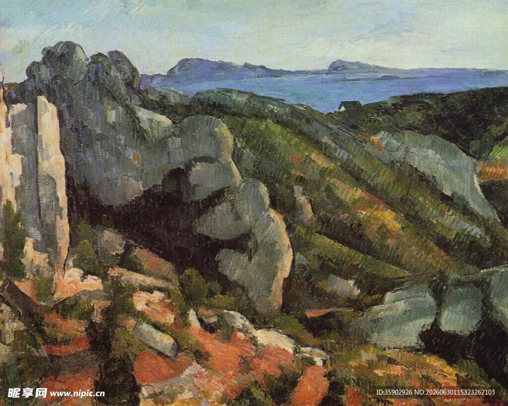 山间壮丽岩石风景油画