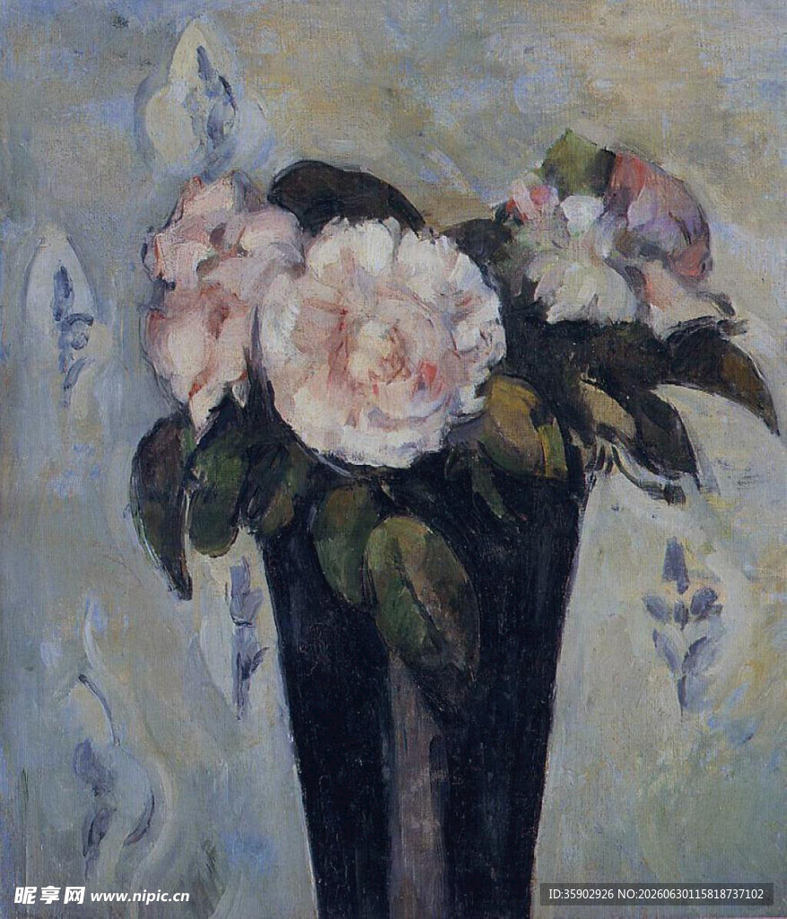 塞尚花瓶中的粉色花卉画作