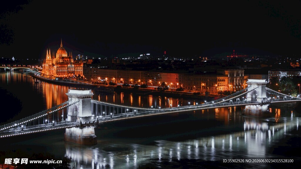 布达佩斯链桥夜景