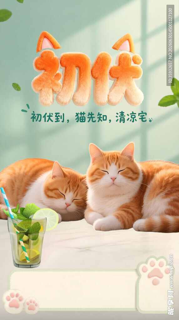 慵懒猫咪初伏节气商用手机海报