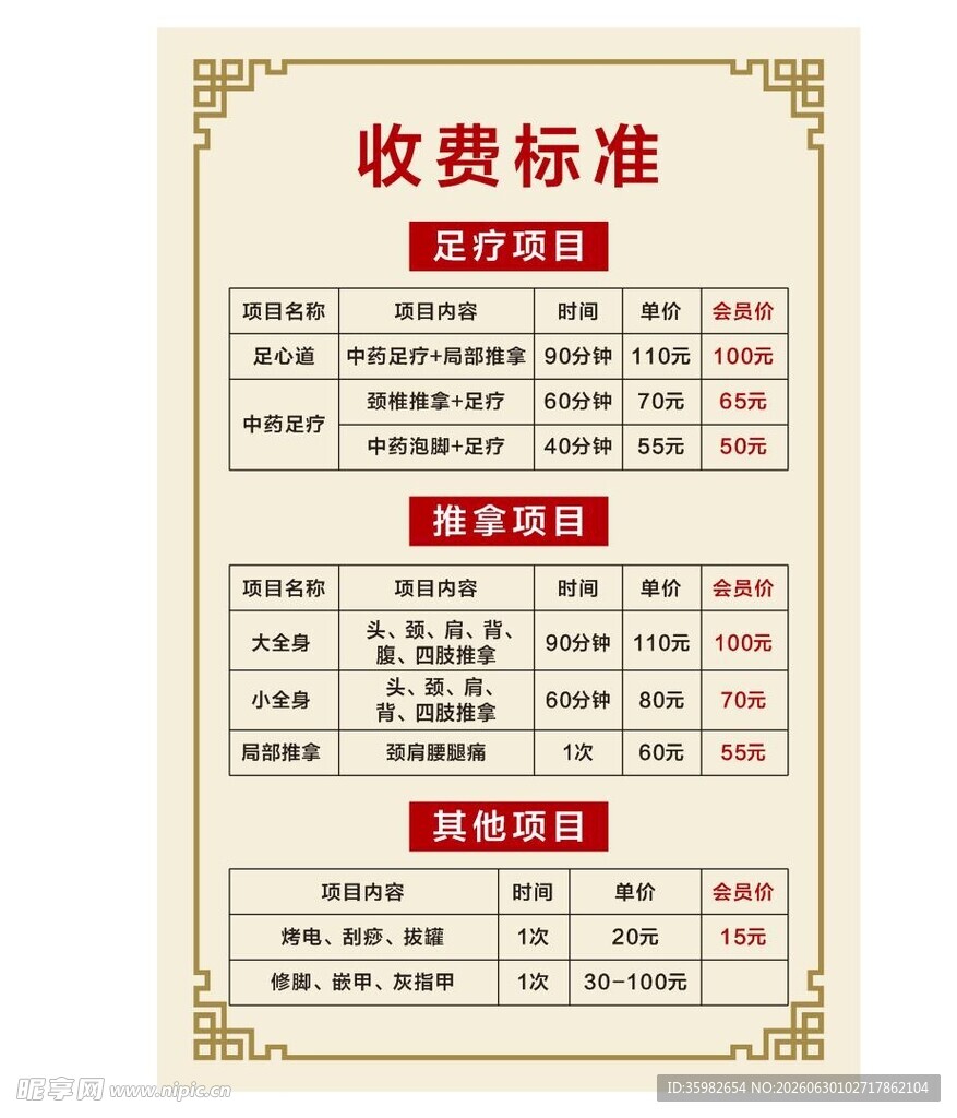 美容项目收费标准公示