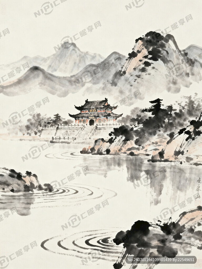 生成一副竖版水墨画 远山近水