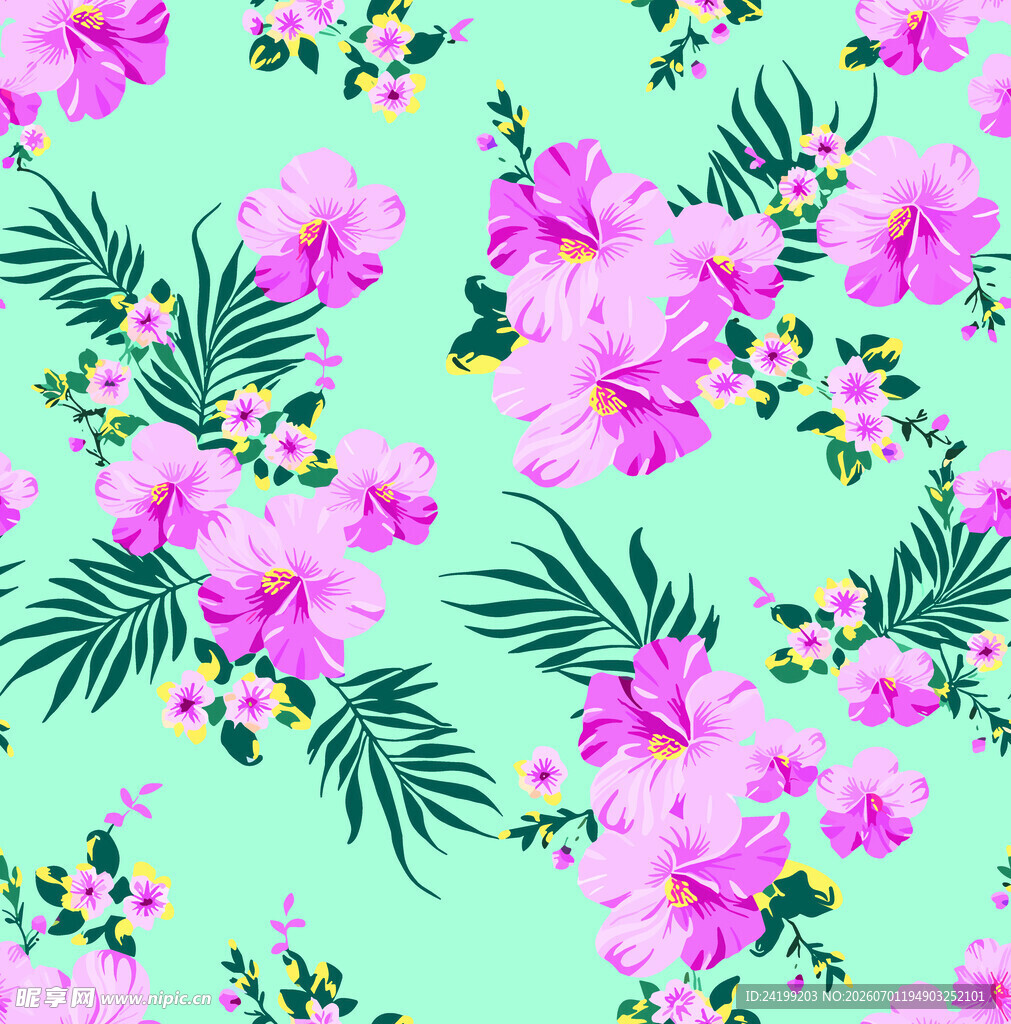 清新粉花绿叶花卉图案
