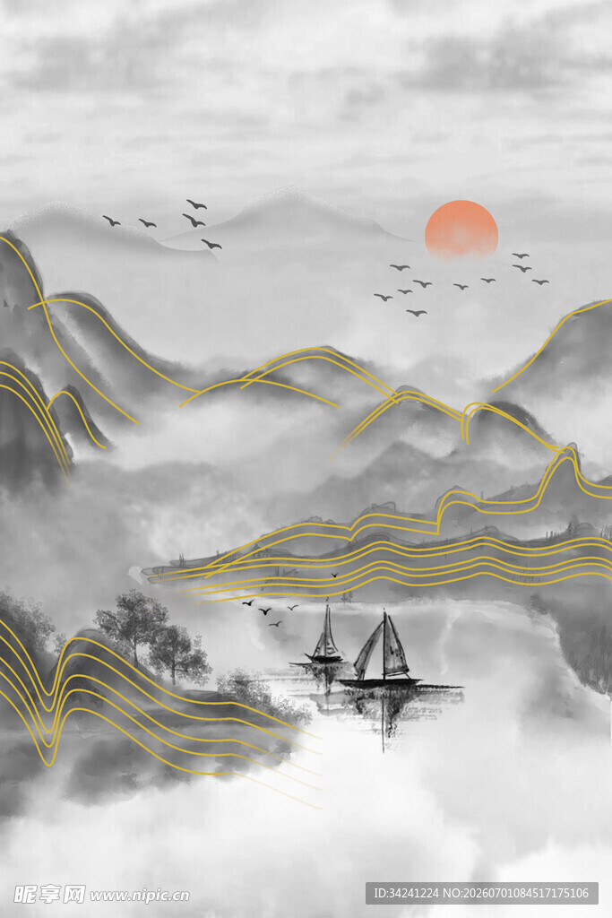 水墨山水间的孤舟落日