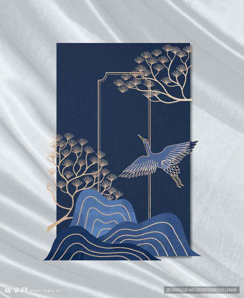 中式蓝底飞鸟山水装饰画