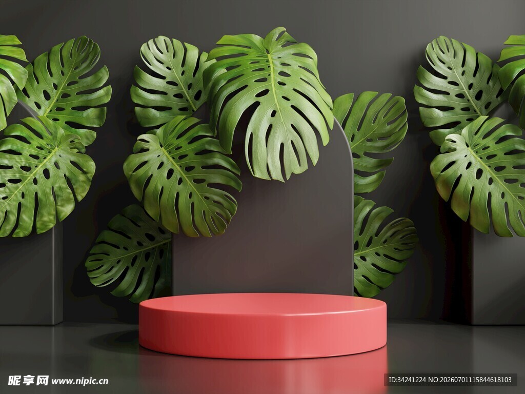 绿植环绕的红色展示台