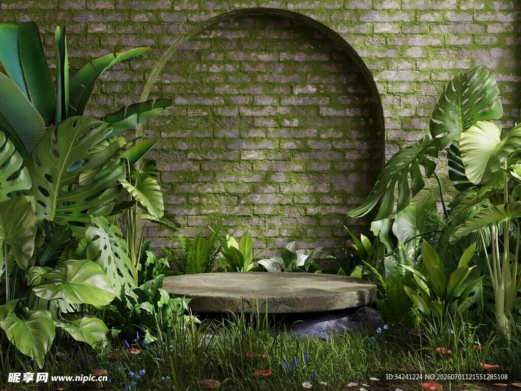砖砌拱门旁的绿植景观