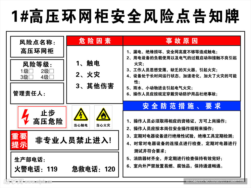 高压环网柜安全风险告知牌