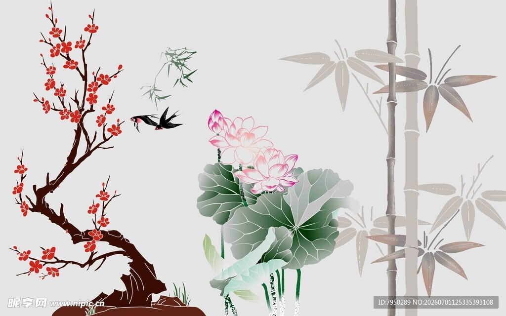 中式花鸟竹石装饰画