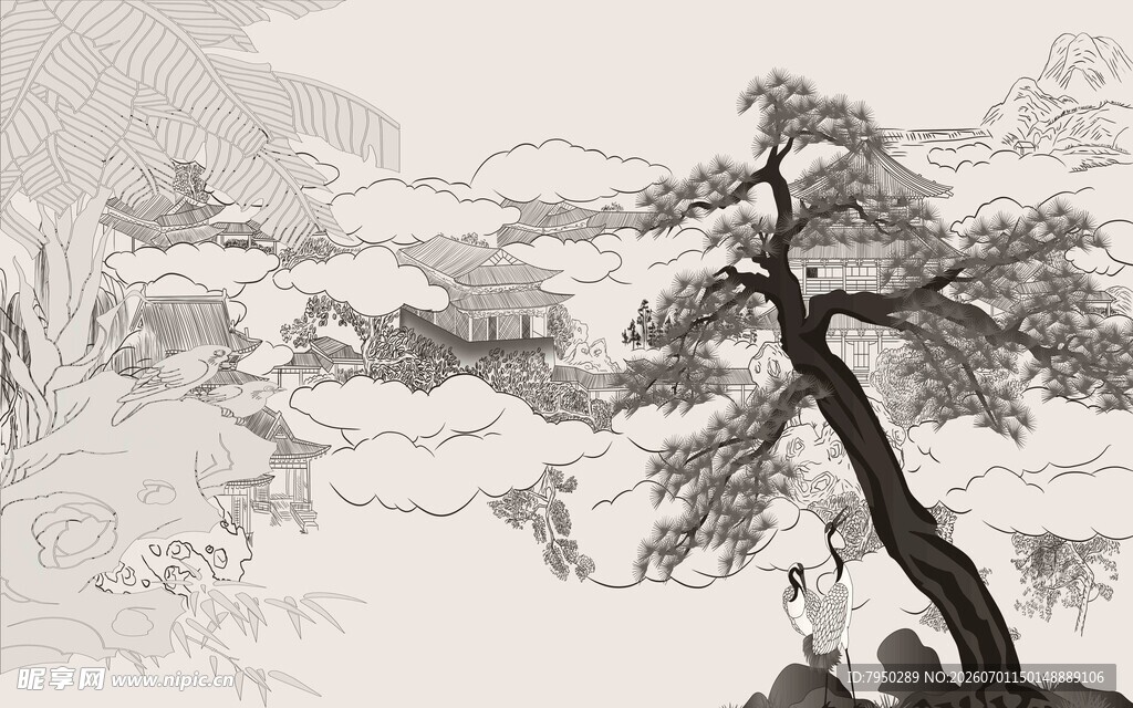 水墨松树山水意境图