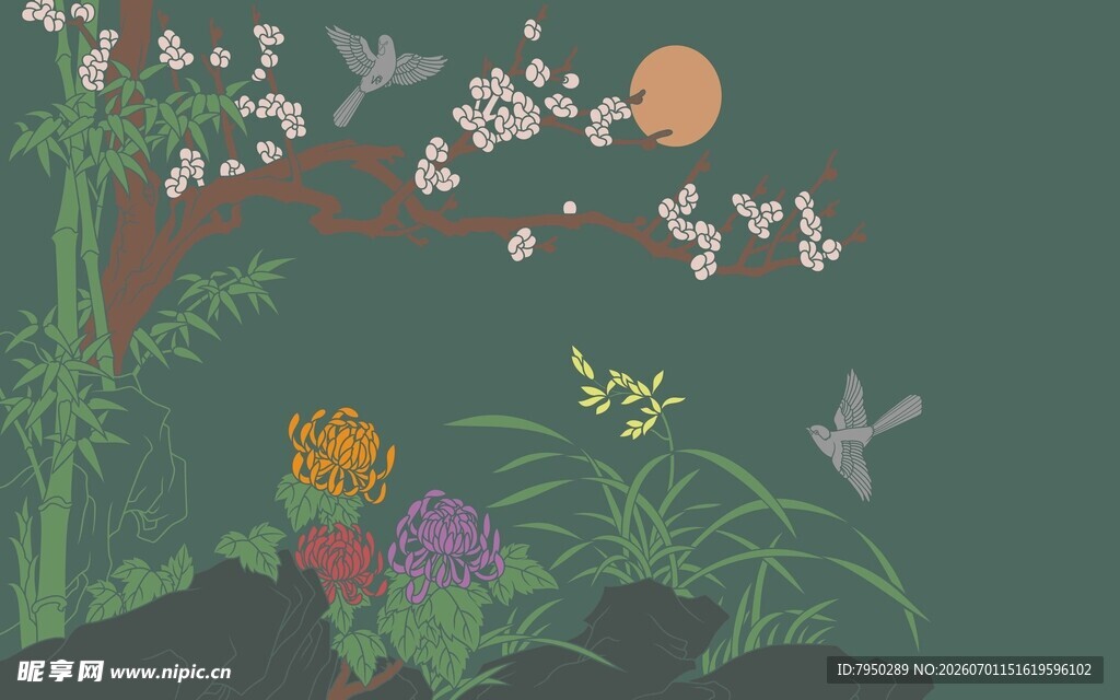 中式花鸟风景图