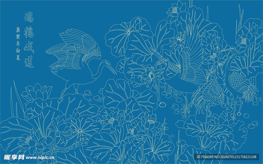 蓝色中式植物线条装饰图