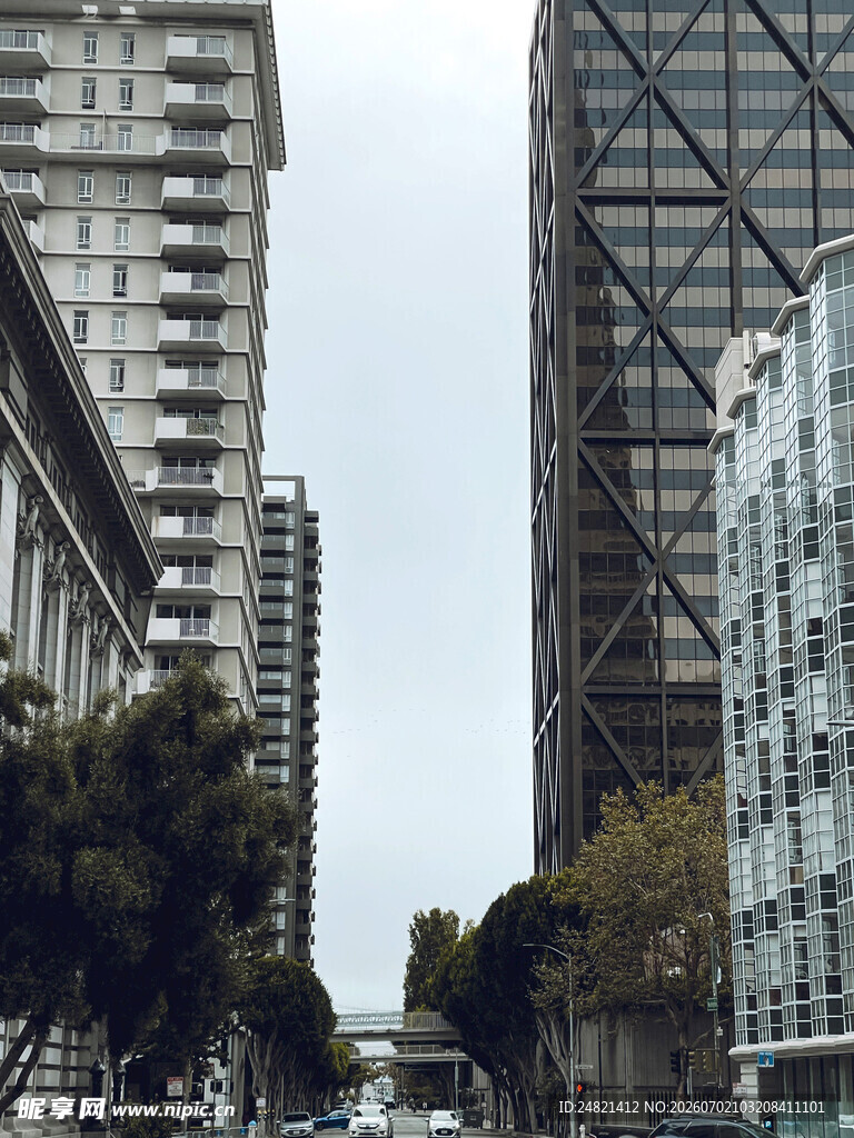 城市街道旁的高楼建筑