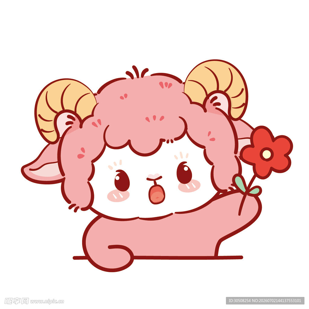 可爱小羊手持红花