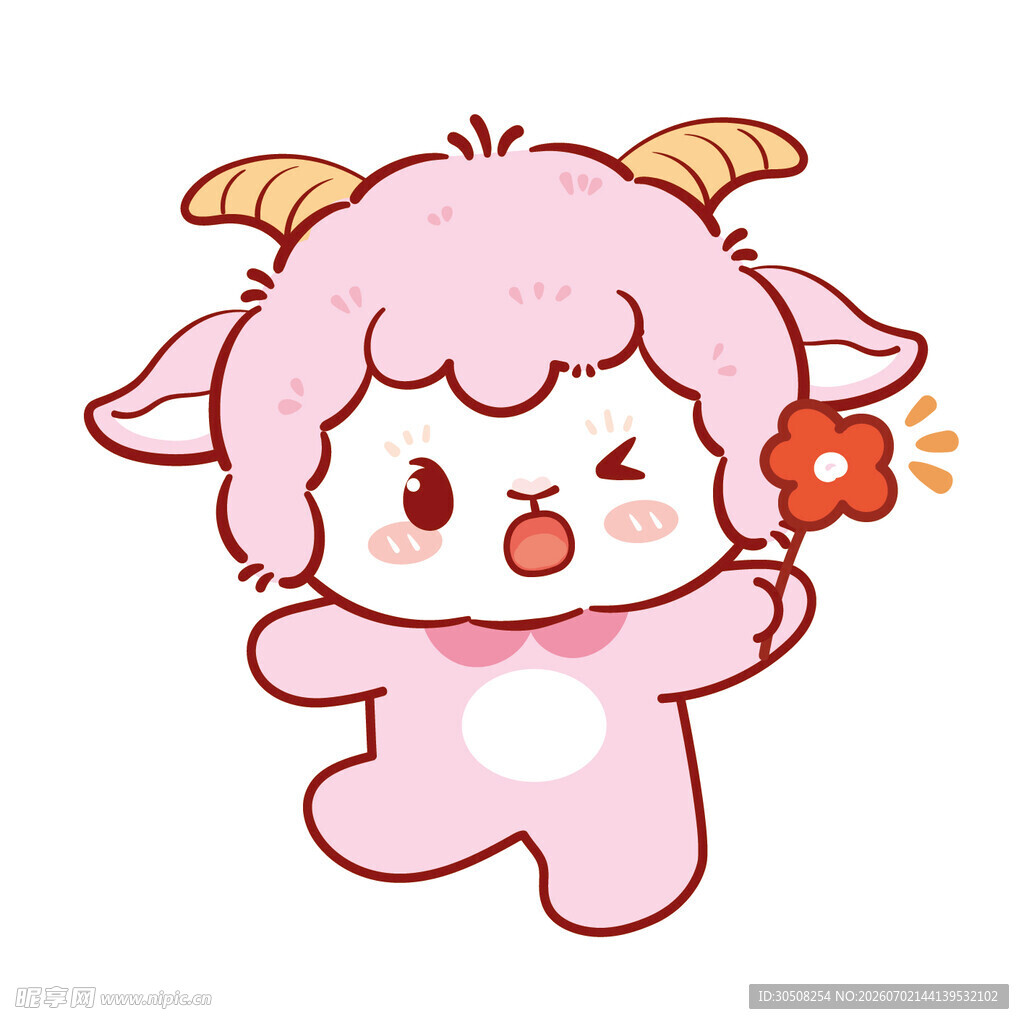 可爱小羊手持红花