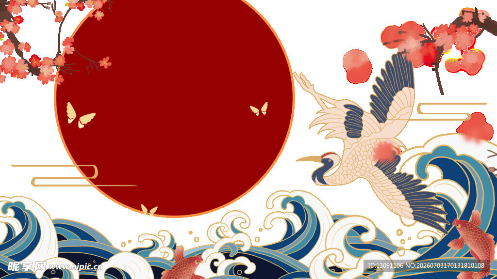 日式和风海浪花鸟插画