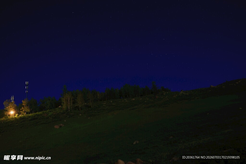 夜幕下的草地与远处灯光
