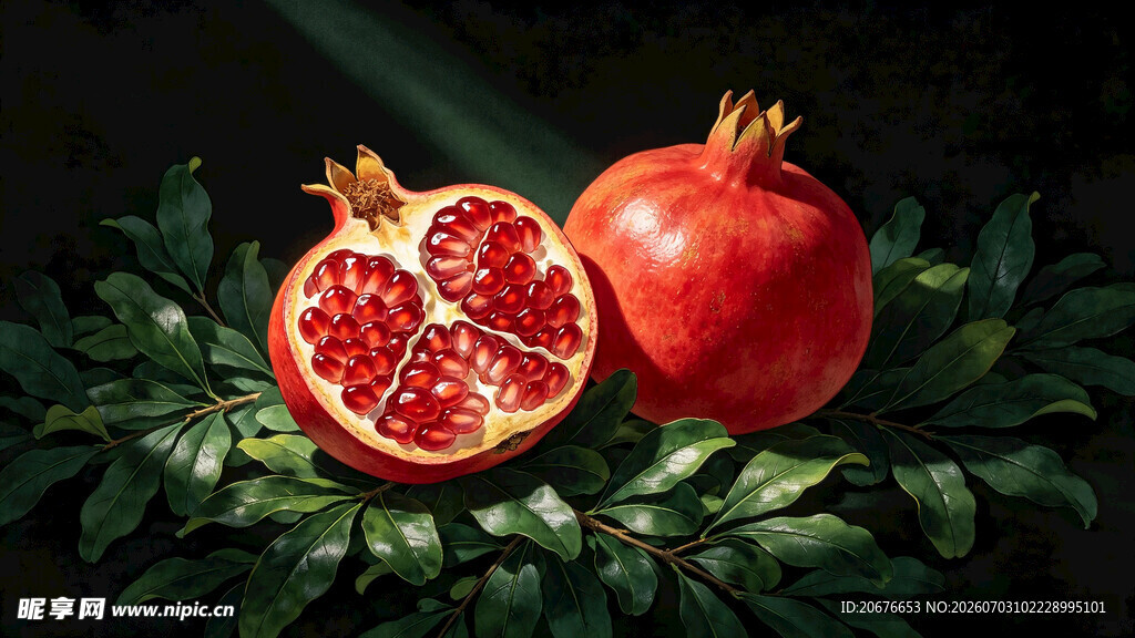 暗调红石榴鲜果静物摄影图