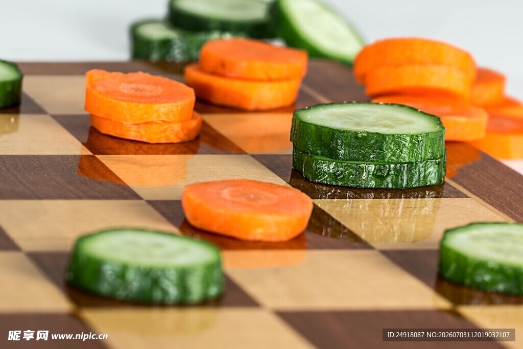 棋盘上的黄瓜胡萝卜切片蔬菜图片