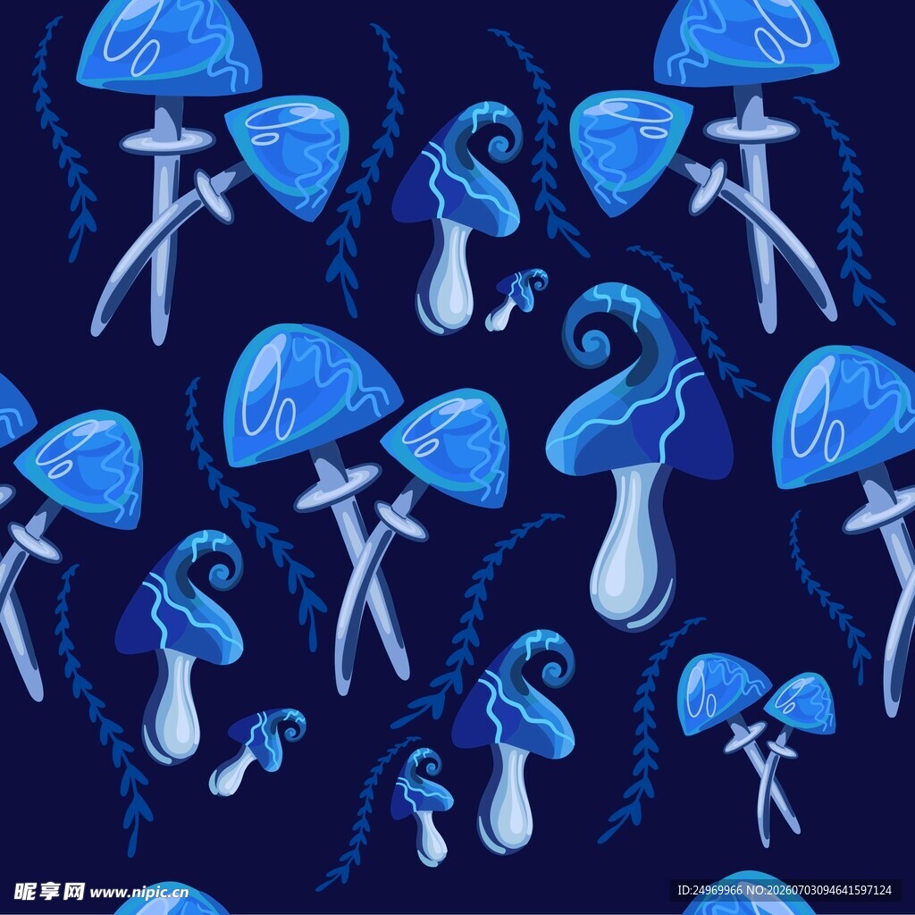 梦幻蓝色系手绘蘑菇图案