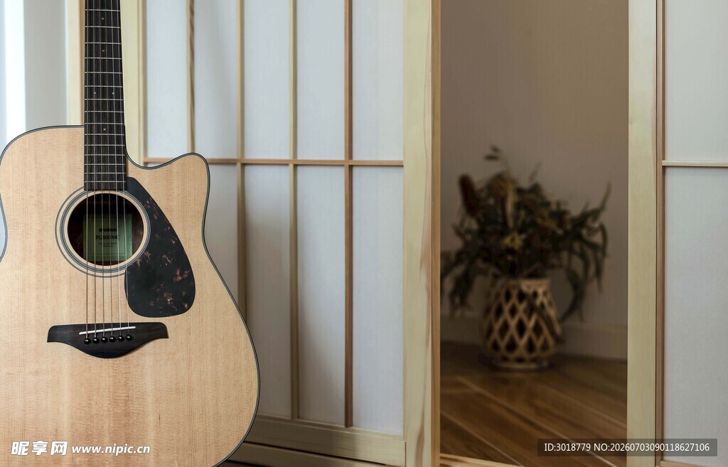 室内优雅放置的木质吉他