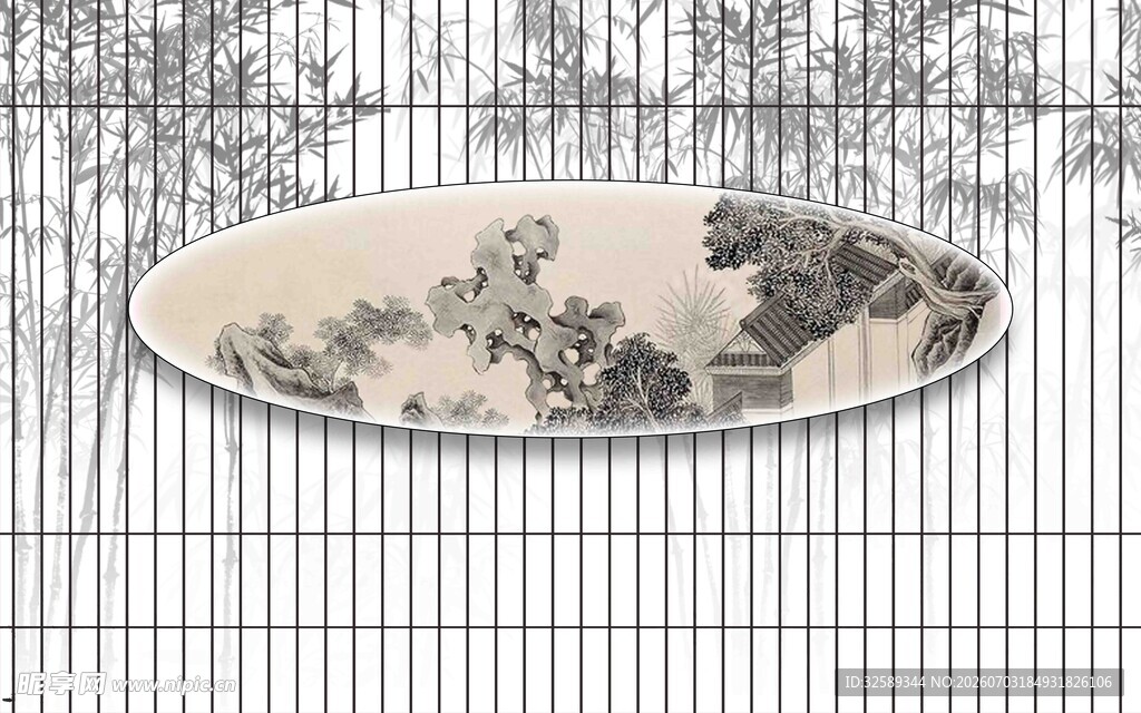 中式山水图案圆形装饰画