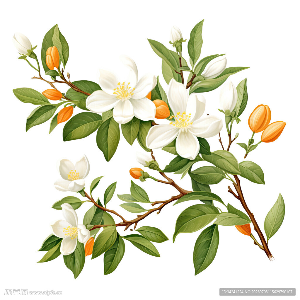 栀子花枝插画图