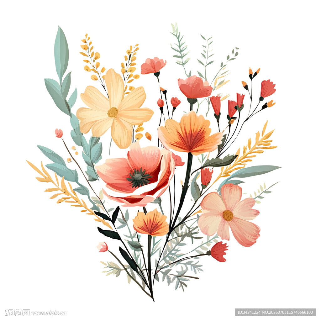 手绘多彩花卉插画