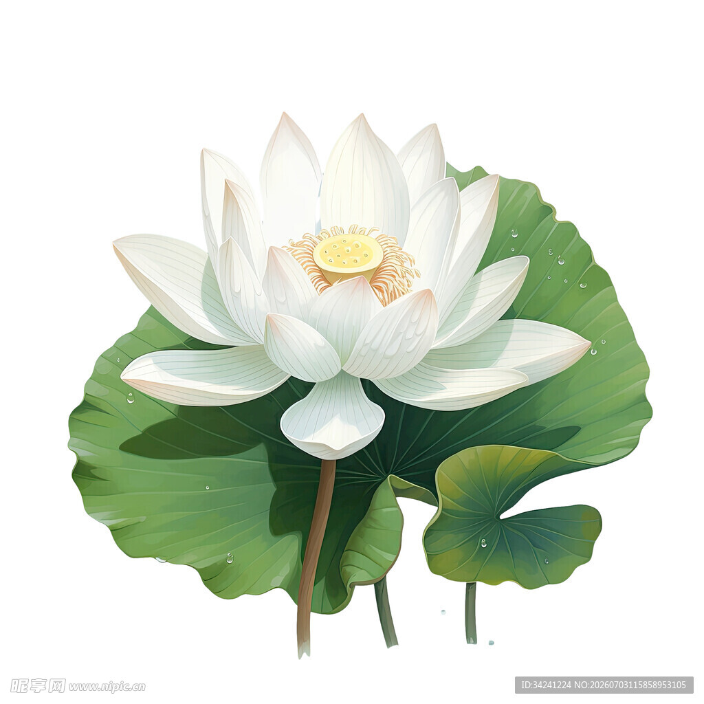 盛开的白莲花与荷叶