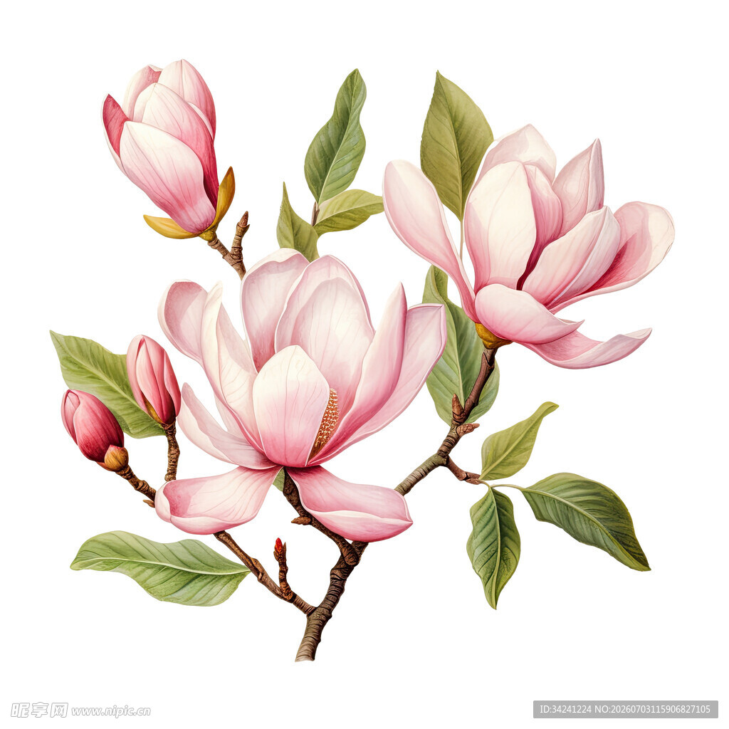 粉色玉兰花枝插画
