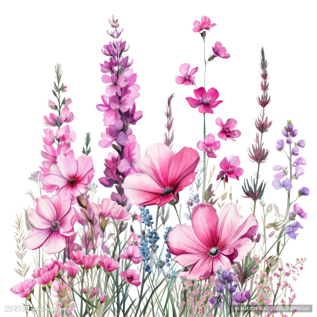 梦幻粉色花卉水彩插画