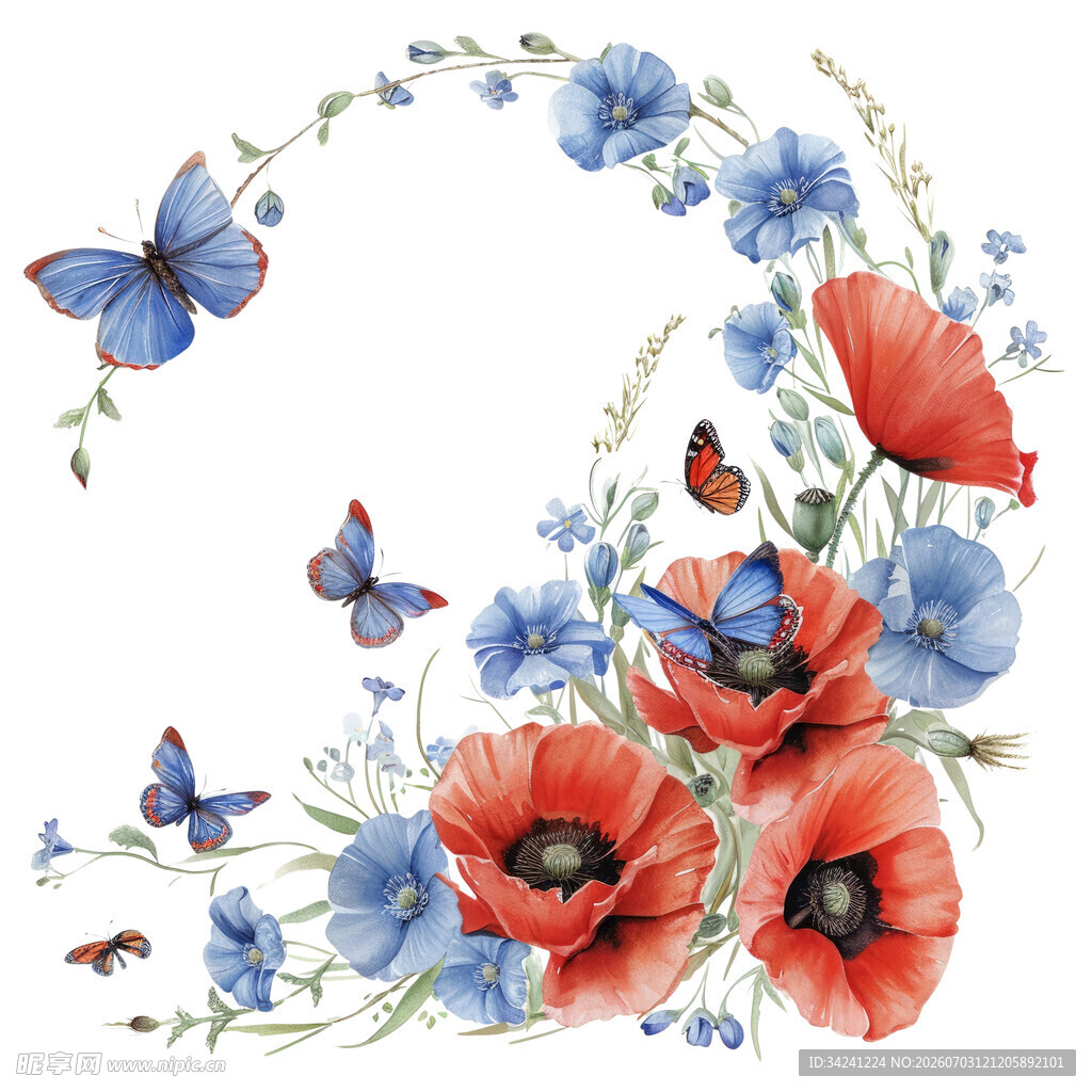 花卉蝴蝶环形插画图案