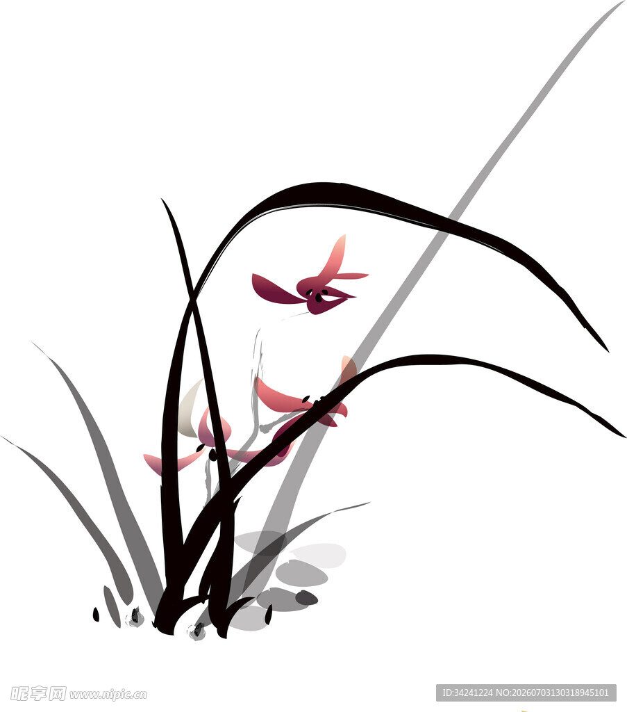 水墨风花草间游弋小鱼