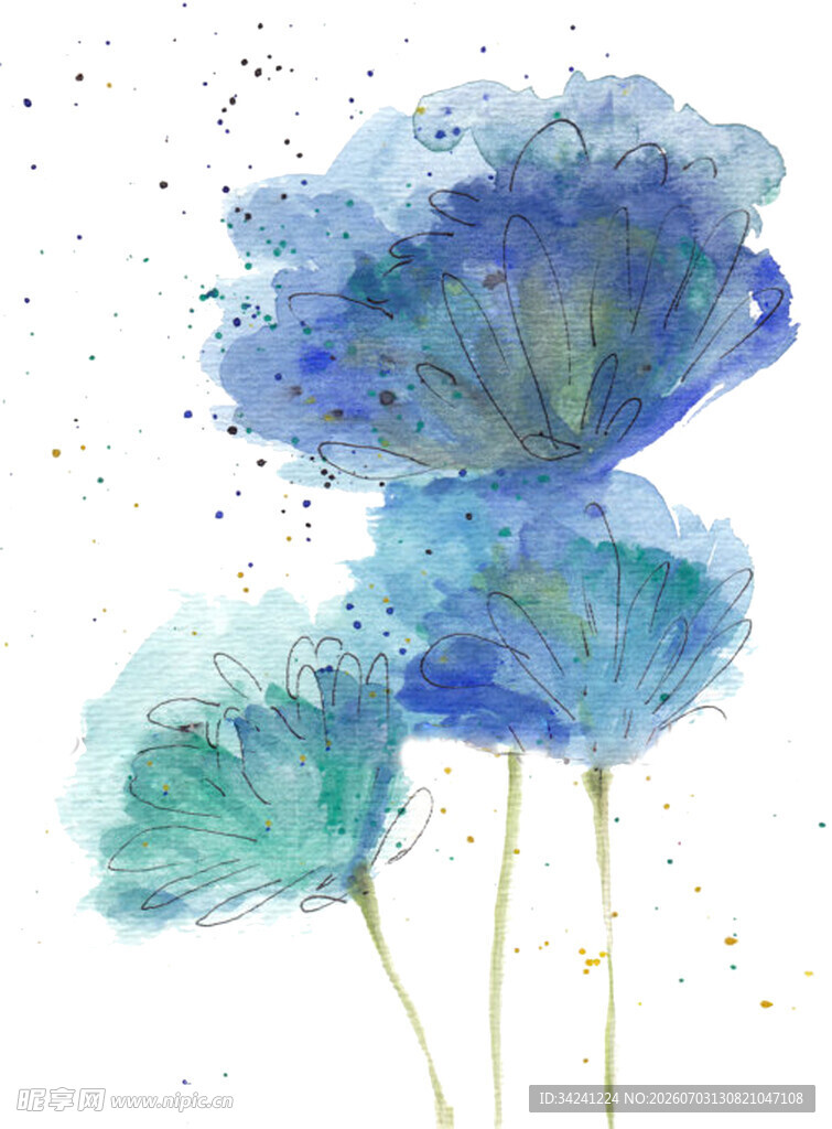 蓝色水彩花卉艺术插画