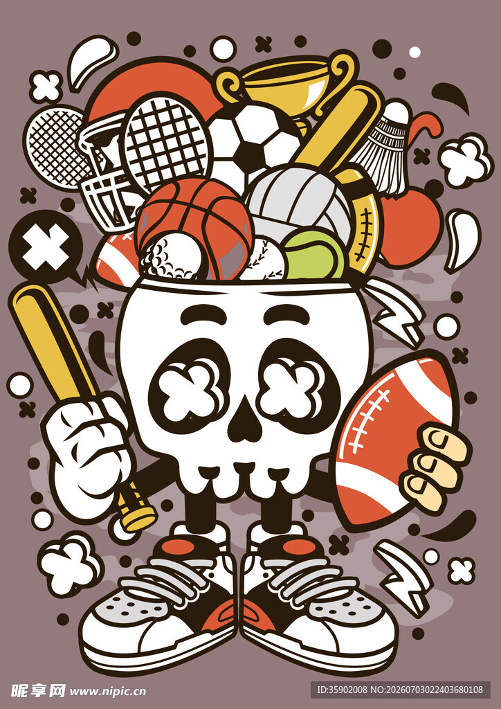 骷髅与多彩运动元素插画