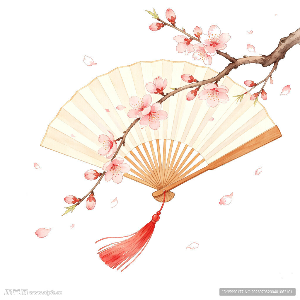 折扇配桃花古韵雅致风