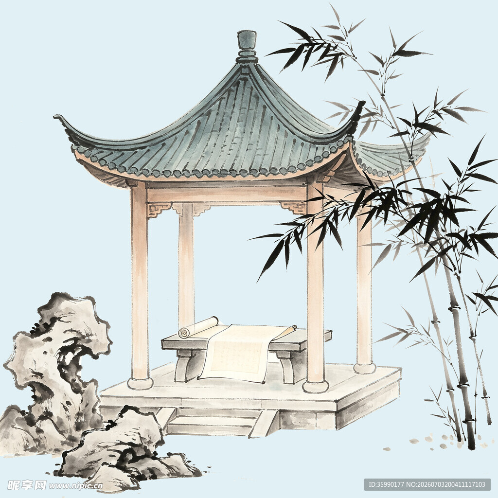 中式凉亭竹林景观图