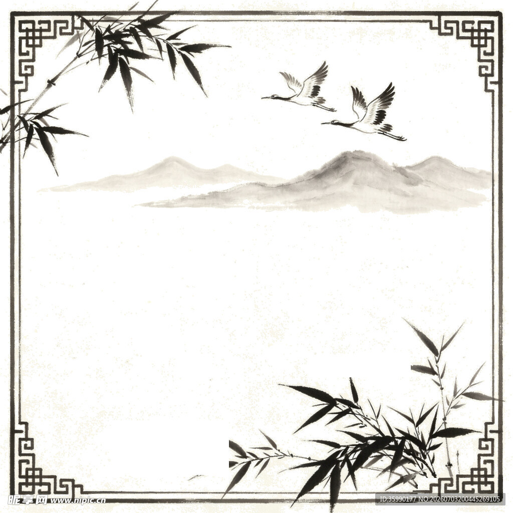 中式山水竹鸟边框背景图