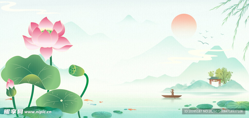 水墨荷塘夏日山水背景图