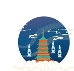 中式古塔山水插画意境美