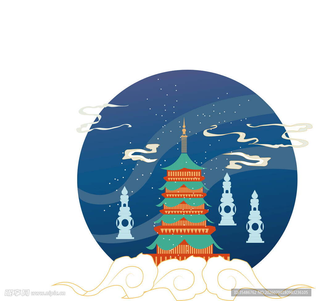 中式古塔山水插画意境美