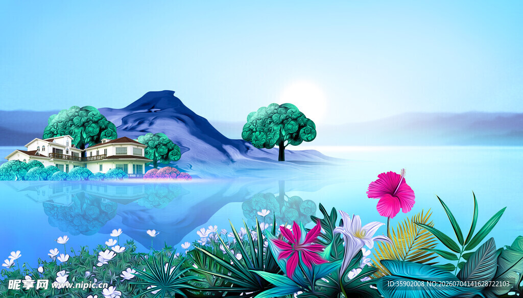 梦幻湖畔花草山水美景