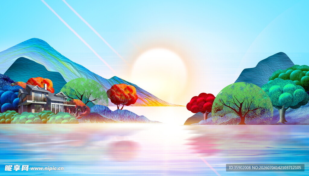 湖畔日出美景图