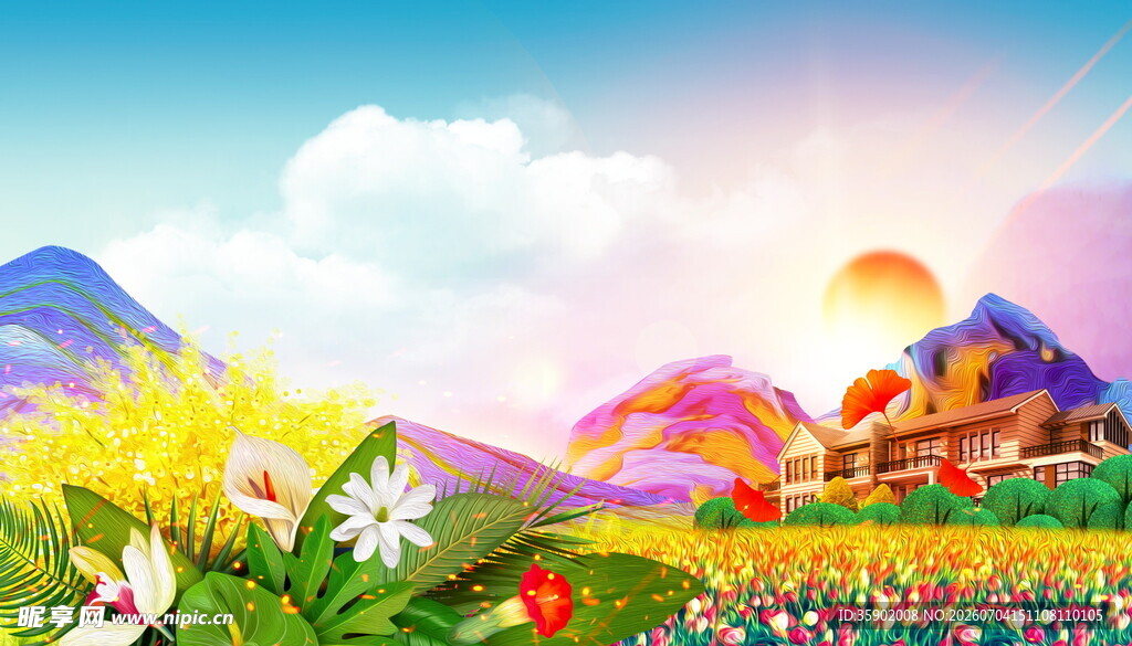 梦幻绚丽的山间花海美景