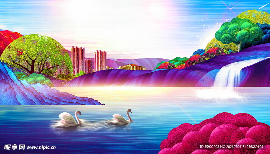 梦幻山水间的天鹅美景