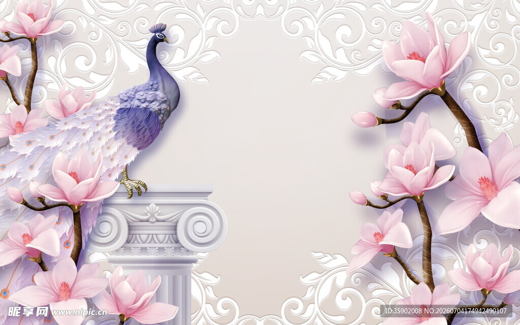 紫鸟栖花柱旁樱花绽放