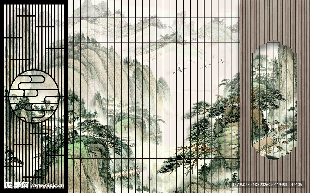中式屏风山水花鸟图案